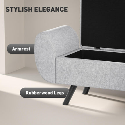 Storage Ottoman with Armrest and Linen Upholstery, Window Seat with Rubberwood Legs - Light Grey