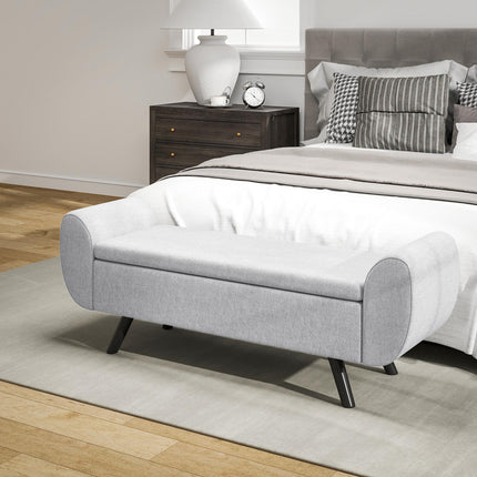 Storage Ottoman with Armrest and Linen Upholstery, Window Seat with Rubberwood Legs - Light Grey