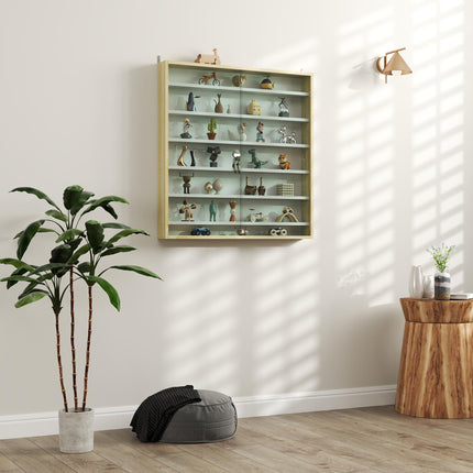 7-Tier Wall Display Shelf Cabinet with 6 Adjustable Shelves and Glass Doors 83x80cm - Oak
