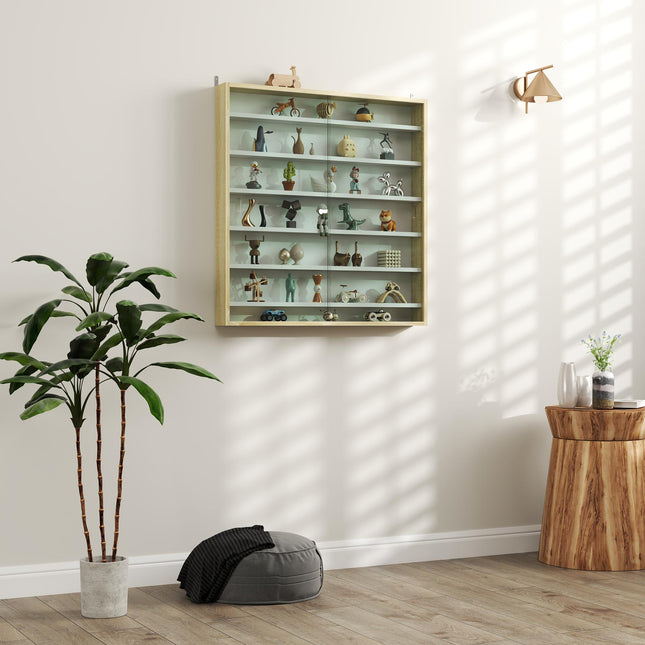 7-Tier Wall Display Shelf Cabinet with 6 Adjustable Shelves and Glass Doors 83x80cm - Oak