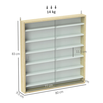 7-Tier Wall Display Shelf Cabinet with 6 Adjustable Shelves and Glass Doors 83x80cm - Oak