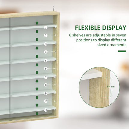 7-Tier Wall Display Shelf Cabinet with 6 Adjustable Shelves and Glass Doors 83x80cm - Oak