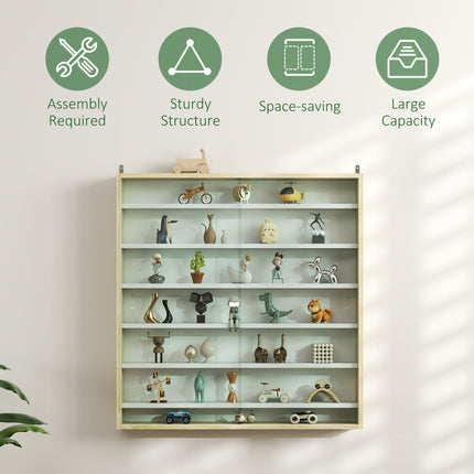 7-Tier Wall Display Shelf Cabinet with 6 Adjustable Shelves and Glass Doors 83x80cm - Oak