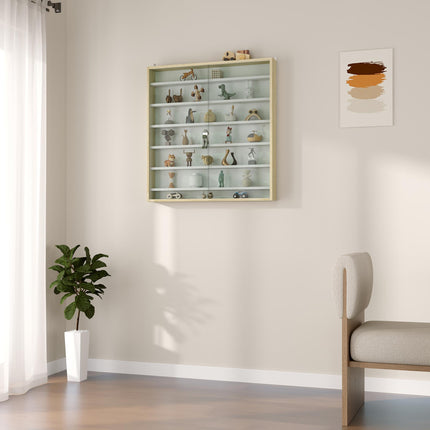 7-Tier Wall Display Shelf Cabinet with 6 Adjustable Shelves and Glass Doors 83x80cm - Oak
