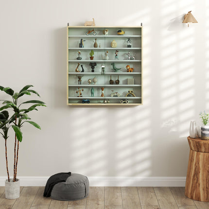 7-Tier Wall Display Shelf Cabinet with 6 Adjustable Shelves and Glass Doors 83x80cm - Oak