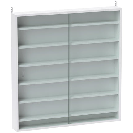 Six Shelf Wall-Mounted Display Cabinet with Sliding Glass Doors - White