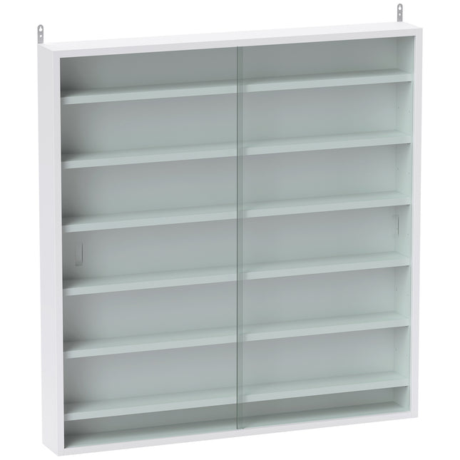 Six Shelf Wall-Mounted Display Cabinet with Sliding Glass Doors - White