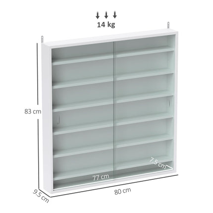 Six Shelf Wall-Mounted Display Cabinet with Sliding Glass Doors - White