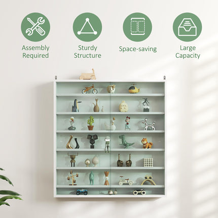 Six Shelf Wall-Mounted Display Cabinet with Sliding Glass Doors - White