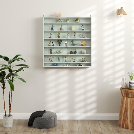 Six Shelf Wall-Mounted Display Cabinet with Sliding Glass Doors - White