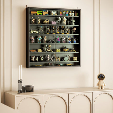 Six Shelf Wall-Mounted Display Cabinet with Glass Doors - Black