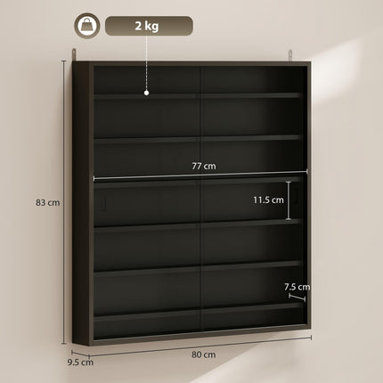 Six Shelf Wall-Mounted Display Cabinet with Glass Doors - Black