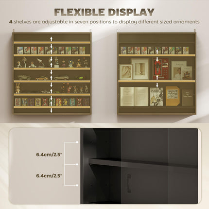 Six Shelf Wall-Mounted Display Cabinet with Glass Doors - Black