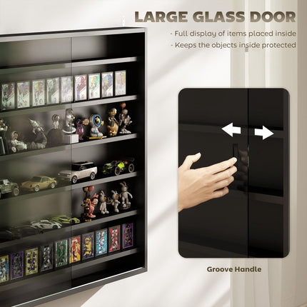 Six Shelf Wall-Mounted Display Cabinet with Glass Doors - Black