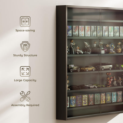 Six Shelf Wall-Mounted Display Cabinet with Glass Doors - Black