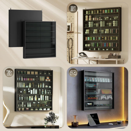 Six Shelf Wall-Mounted Display Cabinet with Glass Doors - Black