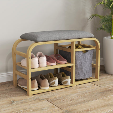Bamboo Shoe Rack Bench with Padded Seat and Storage - Nature Wood Finish