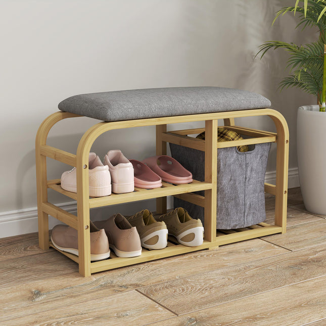 Bamboo Shoe Rack Bench with Padded Seat and Storage - Nature Wood Finish