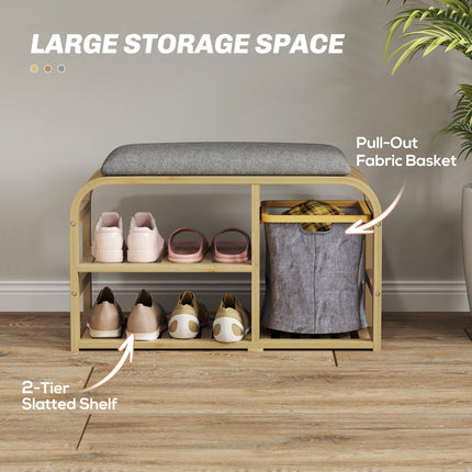 Bamboo Shoe Rack Bench with Padded Seat and Storage - Nature Wood Finish