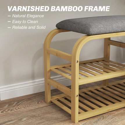 Bamboo Shoe Rack Bench with Padded Seat and Storage - Nature Wood Finish