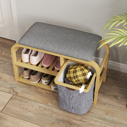 Bamboo Shoe Rack Bench with Padded Seat and Storage - Nature Wood Finish