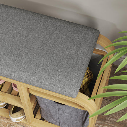Bamboo Shoe Rack Bench with Padded Seat and Storage - Nature Wood Finish