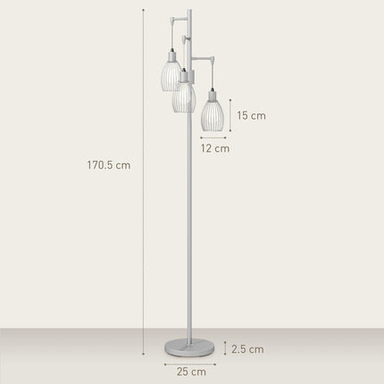 3-Light Floor Lamp, 170cm Industrial Dimmable Standing Lamp with Steel Wire Cage Lampshades for Living Room, Bedroom, Dining Room, Study, Bulb Not Included, Silver Tone