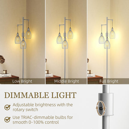 3-Light Floor Lamp, 170cm Industrial Dimmable Standing Lamp with Steel Wire Cage Lampshades for Living Room, Bedroom, Dining Room, Study, Bulb Not Included, Silver Tone