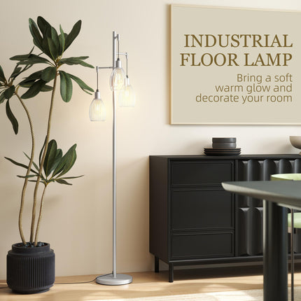 3-Light Floor Lamp, 170cm Industrial Dimmable Standing Lamp with Steel Wire Cage Lampshades for Living Room, Bedroom, Dining Room, Study, Bulb Not Included, Silver Tone