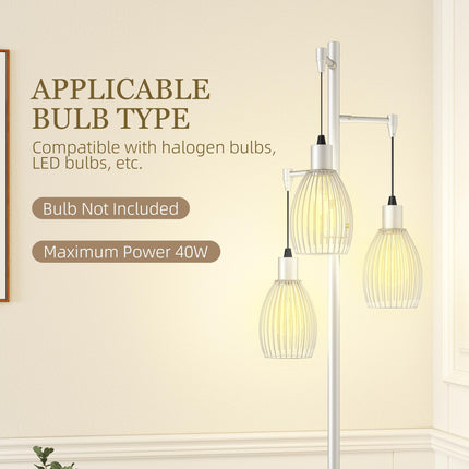 3-Light Floor Lamp, 170cm Industrial Dimmable Standing Lamp with Steel Wire Cage Lampshades for Living Room, Bedroom, Dining Room, Study, Bulb Not Included, Silver Tone
