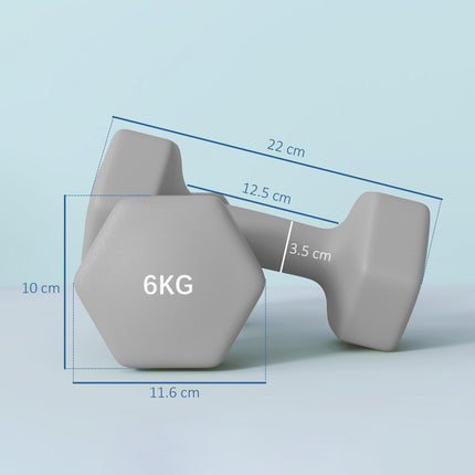 2 x 6kg Hexagonal Dumbbell Set with Non-Slip Grip for Home Gym - Grey
