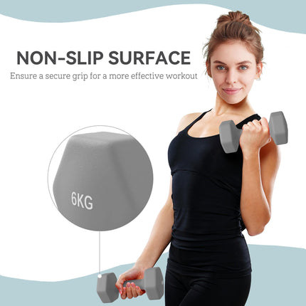 2 x 6kg Hexagonal Dumbbell Set with Non-Slip Grip for Home Gym - Grey