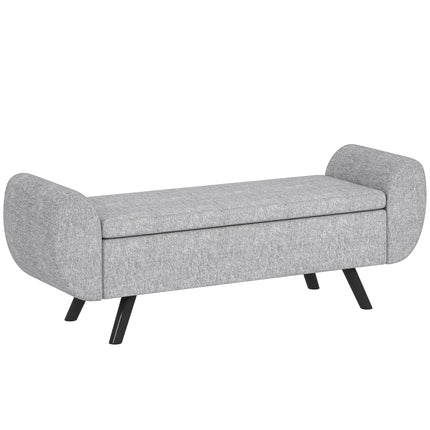 Storage Ottoman Bench with Armrest and Linen Upholstery, Rubberwood Legs, Window Seat and Footstool - Dark Grey