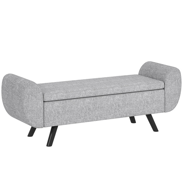 Storage Ottoman Bench with Armrest and Linen Upholstery, Rubberwood Legs, Window Seat and Footstool - Dark Grey