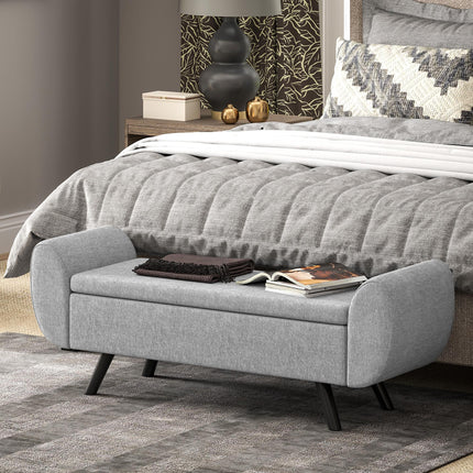 Storage Ottoman Bench with Armrest and Linen Upholstery, Rubberwood Legs, Window Seat and Footstool - Dark Grey