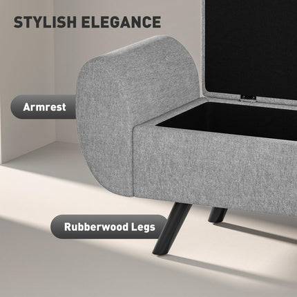 Storage Ottoman Bench with Armrest and Linen Upholstery, Rubberwood Legs, Window Seat and Footstool - Dark Grey