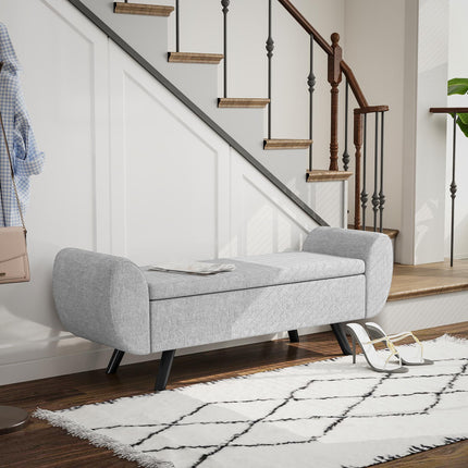 Storage Ottoman Bench with Armrest and Linen Upholstery, Rubberwood Legs, Window Seat and Footstool - Dark Grey