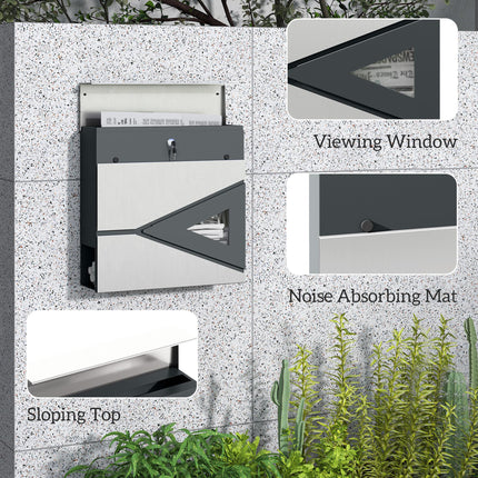 Wall Mounted Mailbox with Viewing Window and 2 Locks, Weatherproof Galvanised Steel Letterbox with Copper Core - Silver