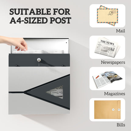 Wall Mounted Mailbox with Viewing Window and 2 Locks, Weatherproof Galvanised Steel Letterbox with Copper Core - Silver