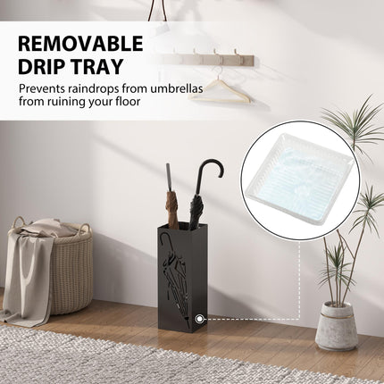 Square Metal Umbrella Stand with 4 Hooks and Removable Drip Tray 15.5x15.5x41 cm - Black