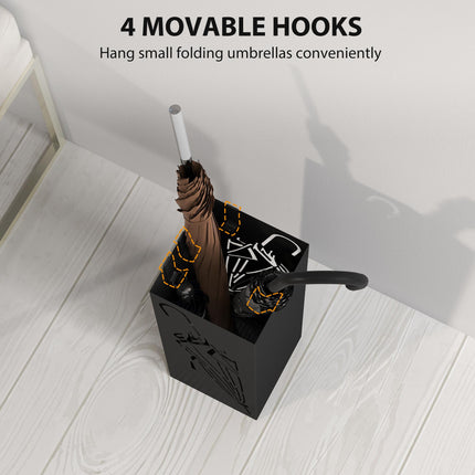 Square Metal Umbrella Stand with 4 Hooks and Removable Drip Tray 15.5x15.5x41 cm - Black