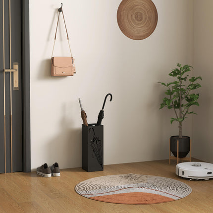 Square Metal Umbrella Stand with 4 Hooks and Removable Drip Tray 15.5x15.5x41 cm - Black