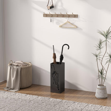 Square Metal Umbrella Stand with 4 Hooks and Removable Drip Tray 15.5x15.5x41 cm - Black