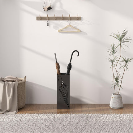 Square Metal Umbrella Stand with 4 Hooks and Removable Drip Tray 15.5x15.5x41 cm - Black