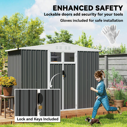 8 x 4 ft Metal Garden Storage Shed with Window and Lockable Door - Dark Grey