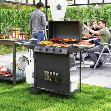 4+1 Burner Gas BBQ Grill, Portable Gas Barbecue Grill with Built-in Thermometer, Lid, Side Table, Shelf, Spice Rack, Wheels, Grease Cup for Garden Party Outdoor Cooking, Black
