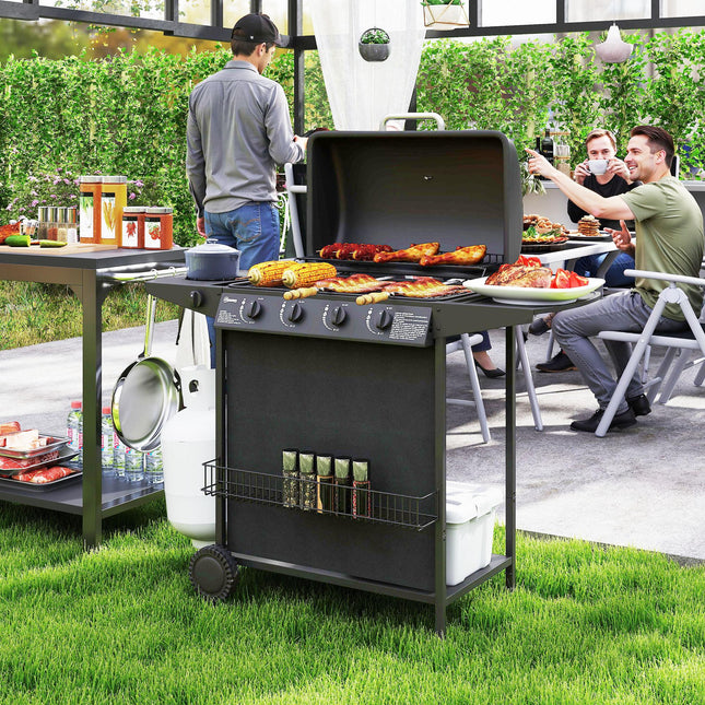 4+1 Burner Gas BBQ Grill, Portable Gas Barbecue Grill with Built-in Thermometer, Lid, Side Table, Shelf, Spice Rack, Wheels, Grease Cup for Garden Party Outdoor Cooking, Black