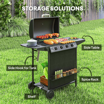 4+1 Burner Gas BBQ Grill, Portable Gas Barbecue Grill with Built-in Thermometer, Lid, Side Table, Shelf, Spice Rack, Wheels, Grease Cup for Garden Party Outdoor Cooking, Black