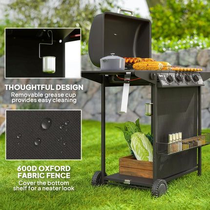 4+1 Burner Gas BBQ Grill, Portable Gas Barbecue Grill with Built-in Thermometer, Lid, Side Table, Shelf, Spice Rack, Wheels, Grease Cup for Garden Party Outdoor Cooking, Black