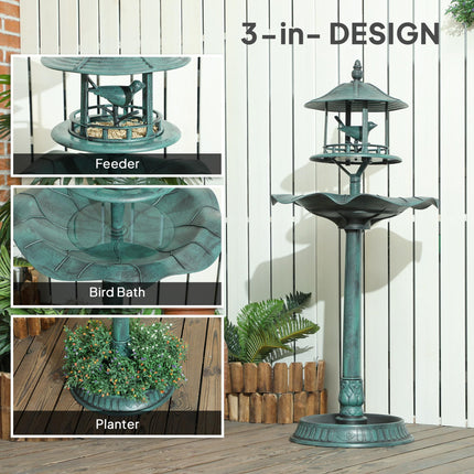 3-in-1 Garden Bird Bath, Freestanding Birdbath with Large Water Basin, Underneath Flower Planter, Φ50 x 113 cm, Green
